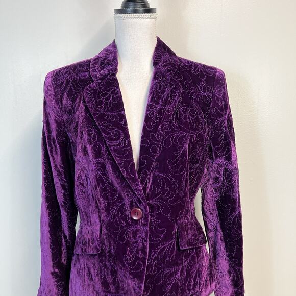 Bandolino Velvet Embroidered Blazer Jacket Women's Size 10 Purple Boho Peasant - Picture 2 of 8